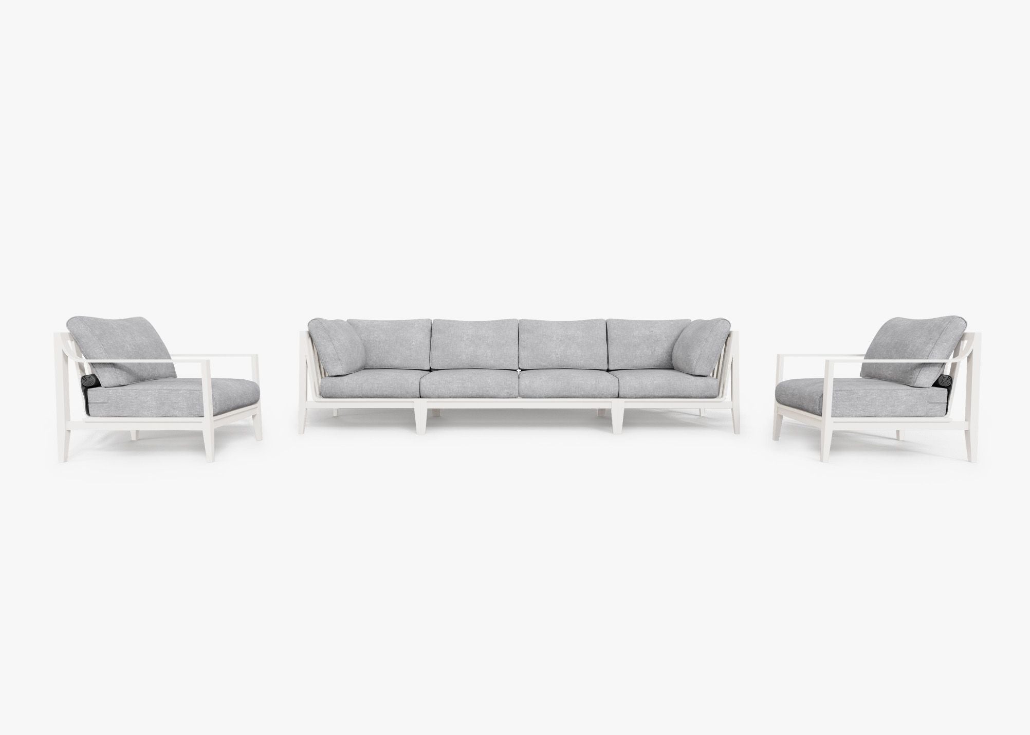 White Aluminum Outdoor Sofa with Armchairs - 6 Seat, front. Comfortable, durable, and weather resistant outdoor seating with memory foam. #color_pacific fog gray