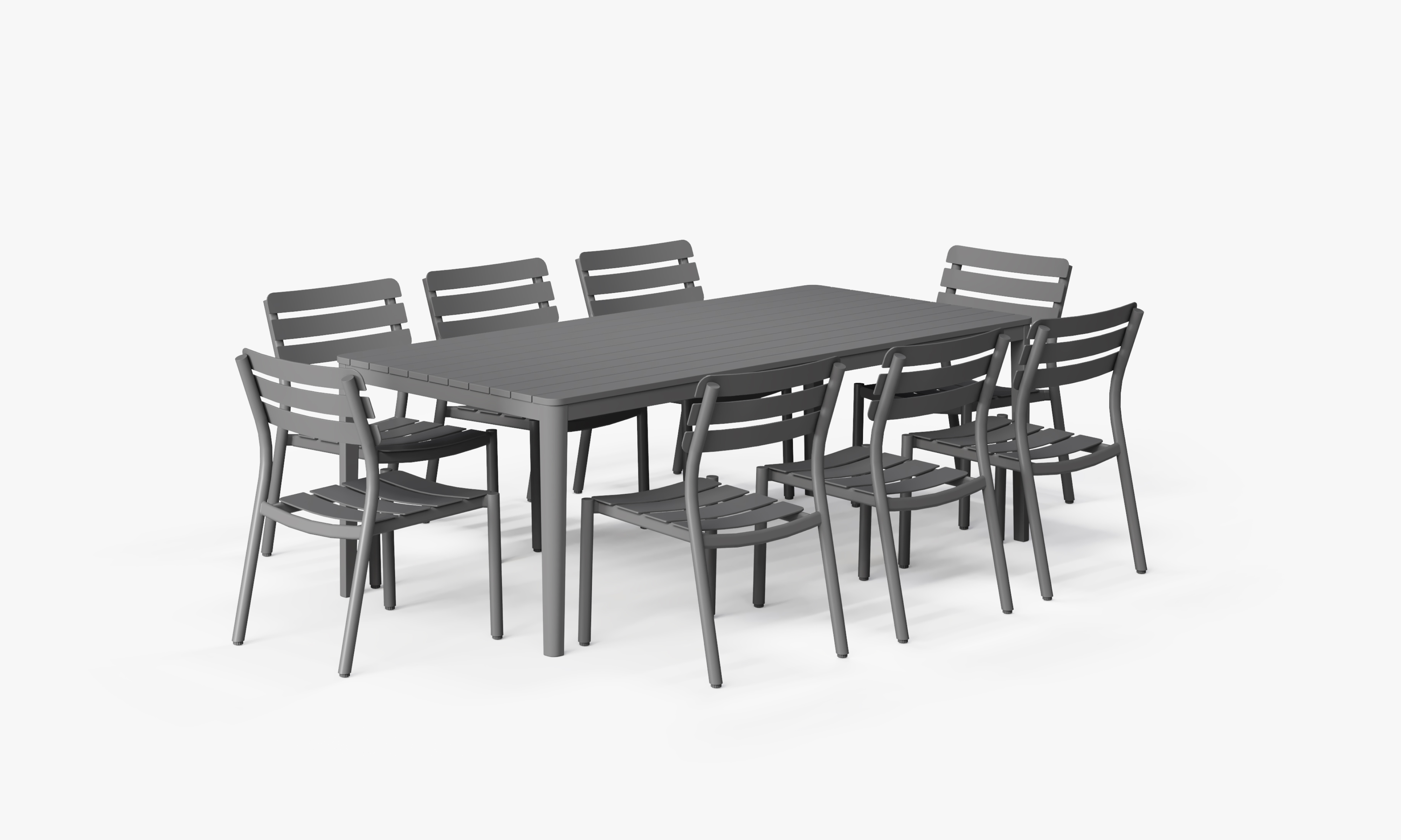 outer-Aluminum Outdoor Rectangular Dining Table + 8 595 Dining Armless Chairs-outdoor rectangular aluminum dining table set for eight with matching armless chairs.