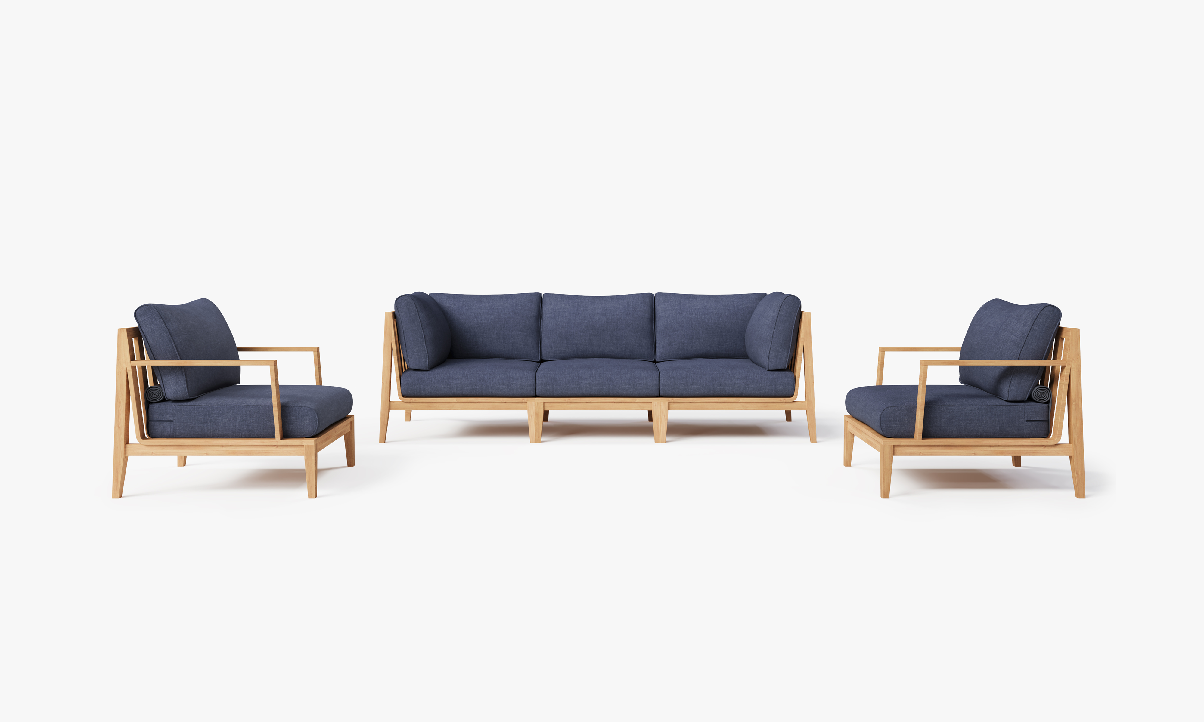 Teak outdoor sofa with matching armchairs arranged on a wooden deck, featuring navy cushions and a modern, sturdy design.-teak outdoor sofa-outer #color_deep sea navy