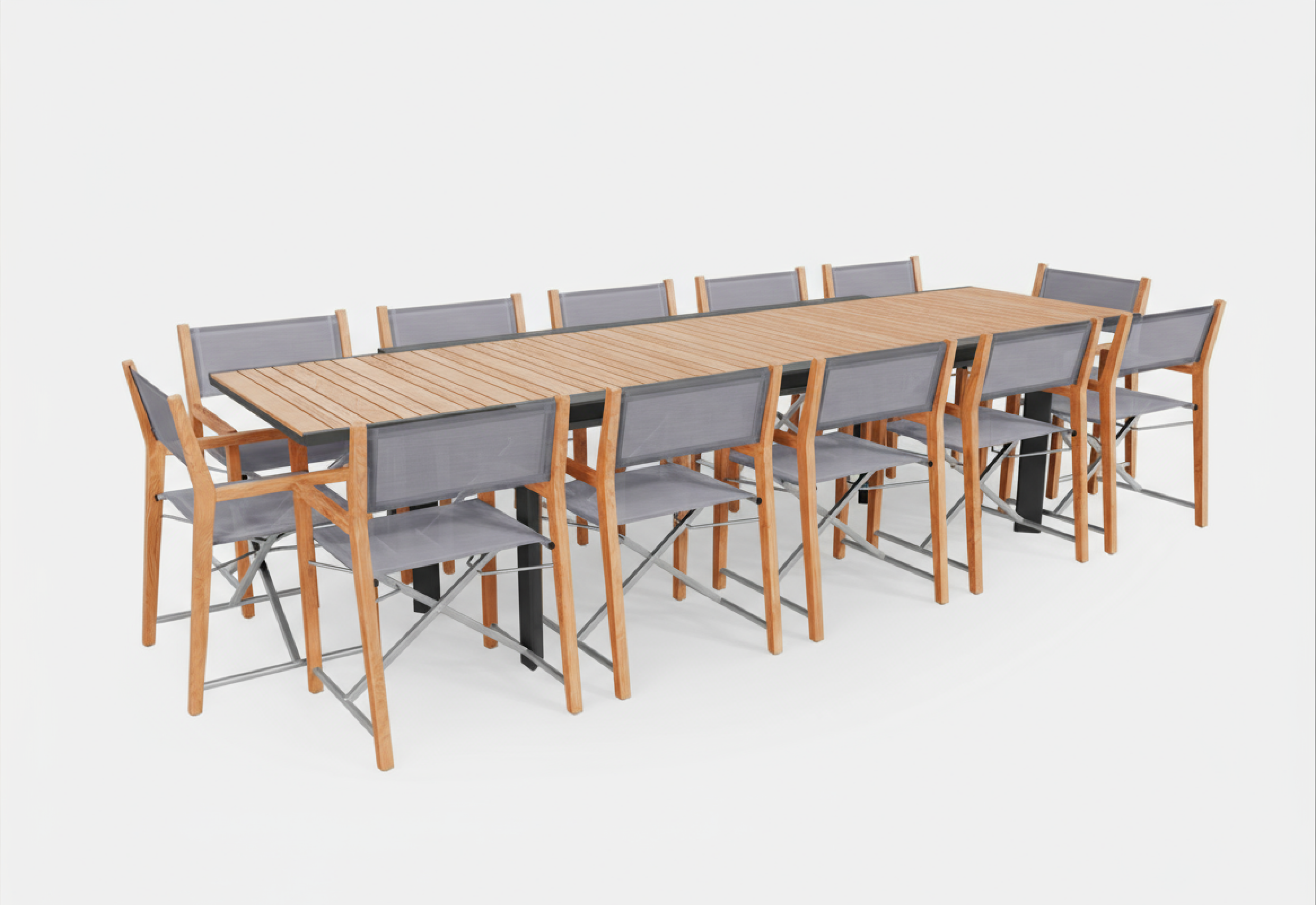 Outer teak and aluminum outdoor expandable dining table with 12 teak director’s chairs on white background
